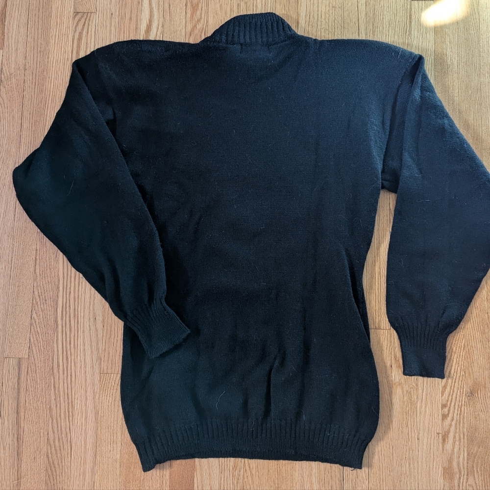 80s Vintage 100% Merino Wool Geometric Beaded Mock Neck Sweater Black Size M - Picture 2 of 7